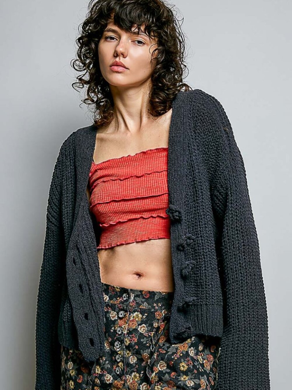 POL Charcoal Textured Knit Cardigan